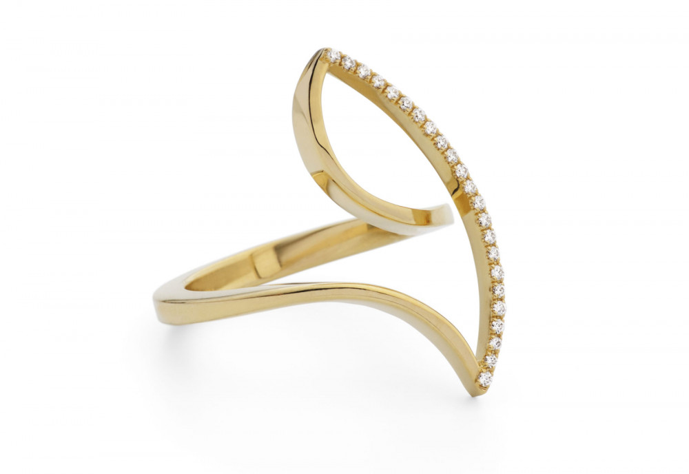 Asymmetric forged yellow gold pave diamond ring
