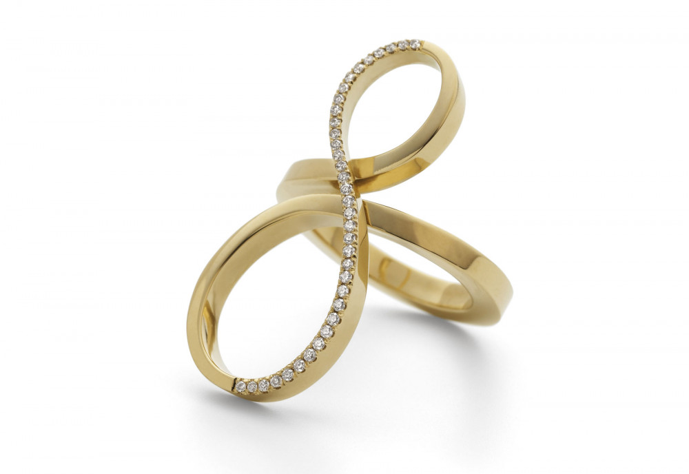 Forged gold and pave diamond figure of eight cocktail ring
