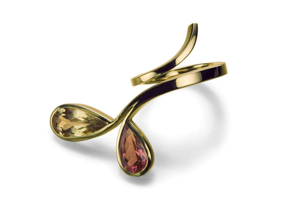 Forged yellow gold and tourmaline two stone cocktail ring