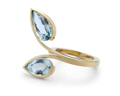 Forged yellow gold two stone pear aquamarine cocktail ring