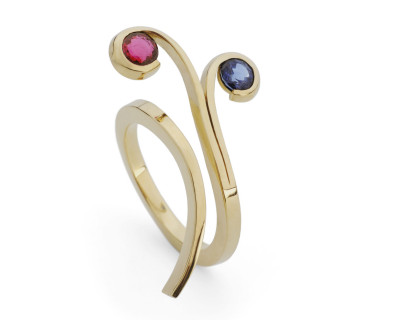 Forged yellow gold ruby and sapphire two stone cocktail ring