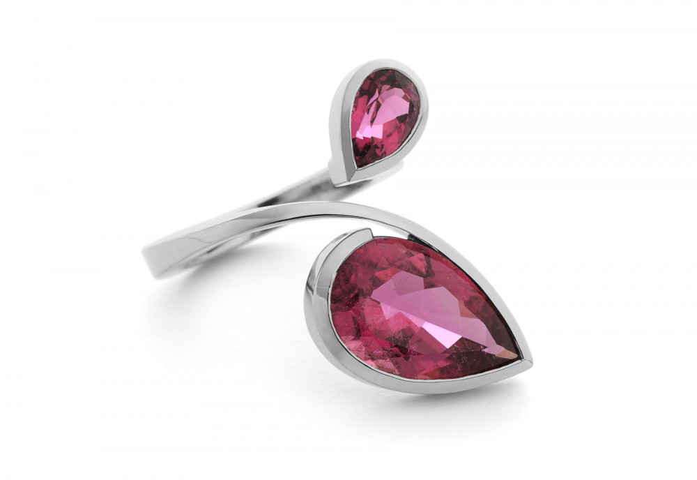 White gold two stone cocktail ring with rubellite tourmaline