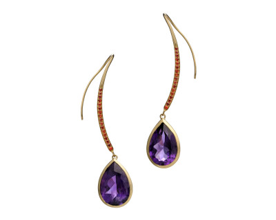 Forged yellow gold earrings with amethyst and pave mandarin sapphires