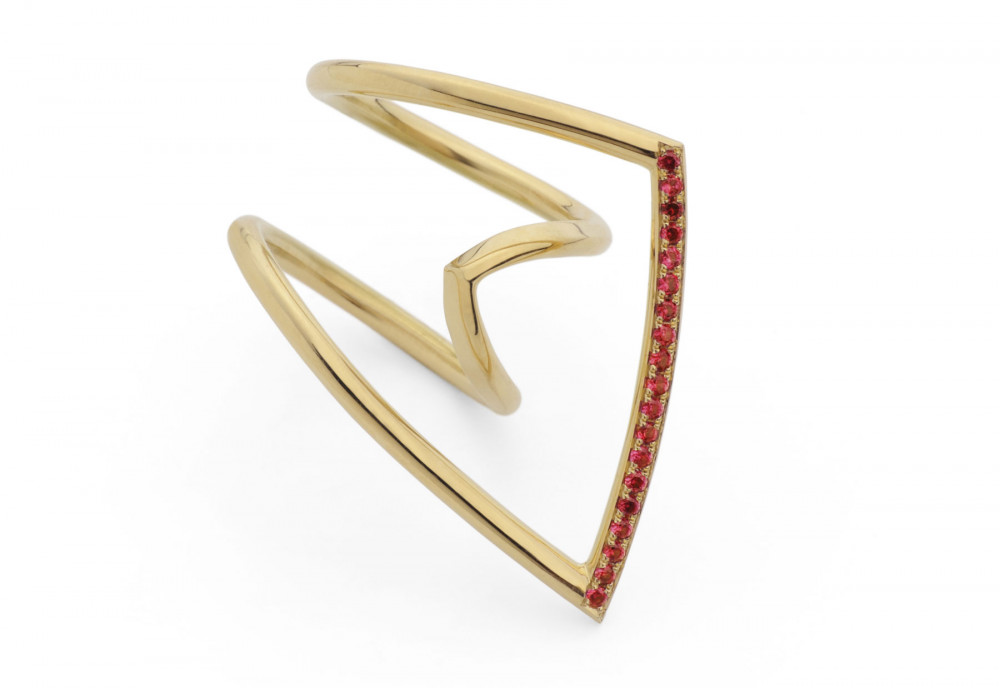 Angular 18 carat forged gold and pave ruby cocktail ring