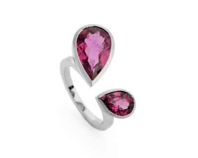 White gold two stone cocktail ring with rubellite tourmaline