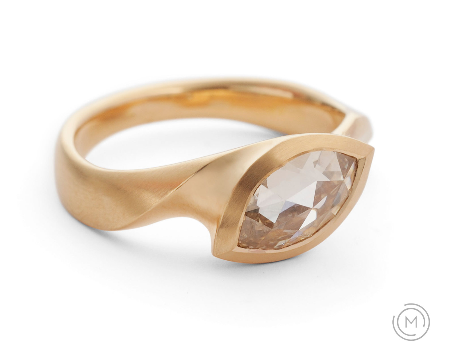 1ct rose cut marquise diamond in 18ct rose gold carved ring