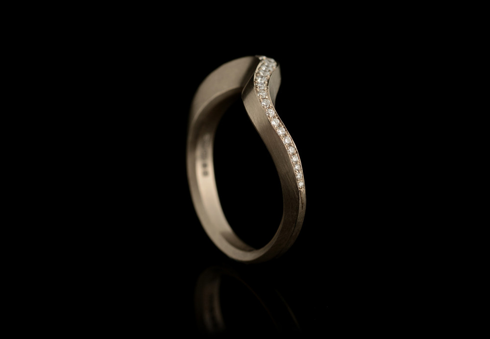 White gold Arris ring with pave diamonds