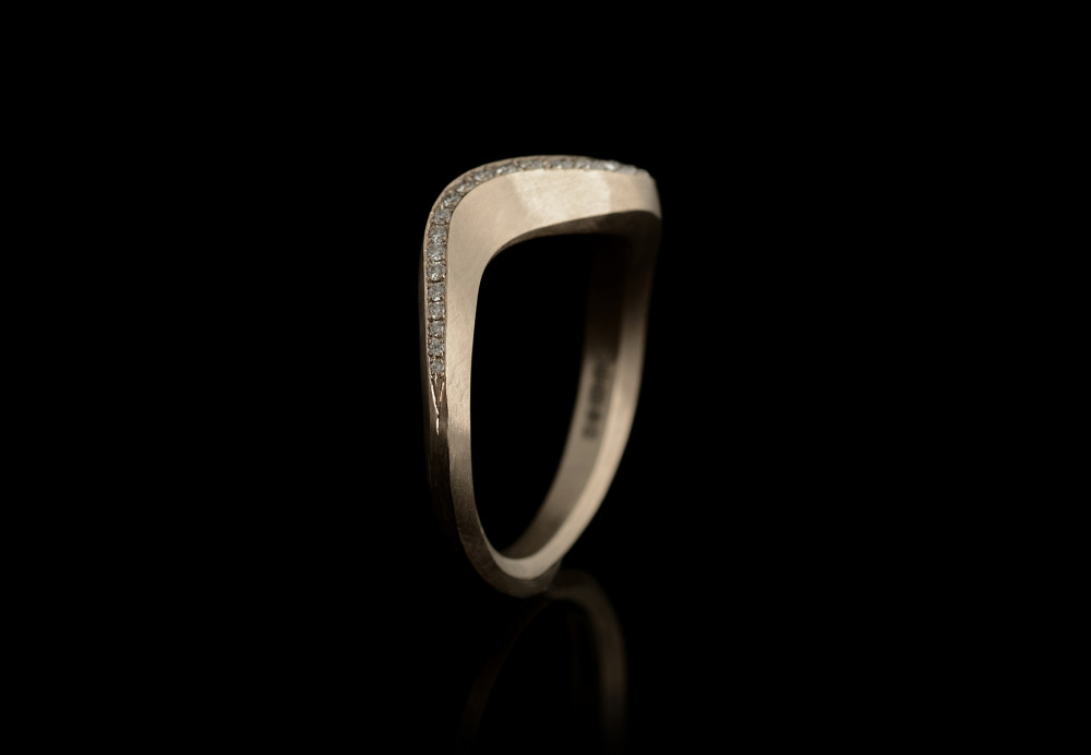 White gold Arris ring with pave diamonds