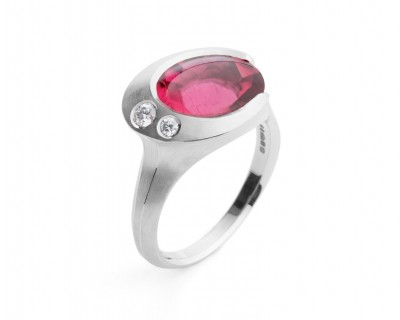 Carved platinum and rubellite tourmaline Arris cocktail ring with white diamonds