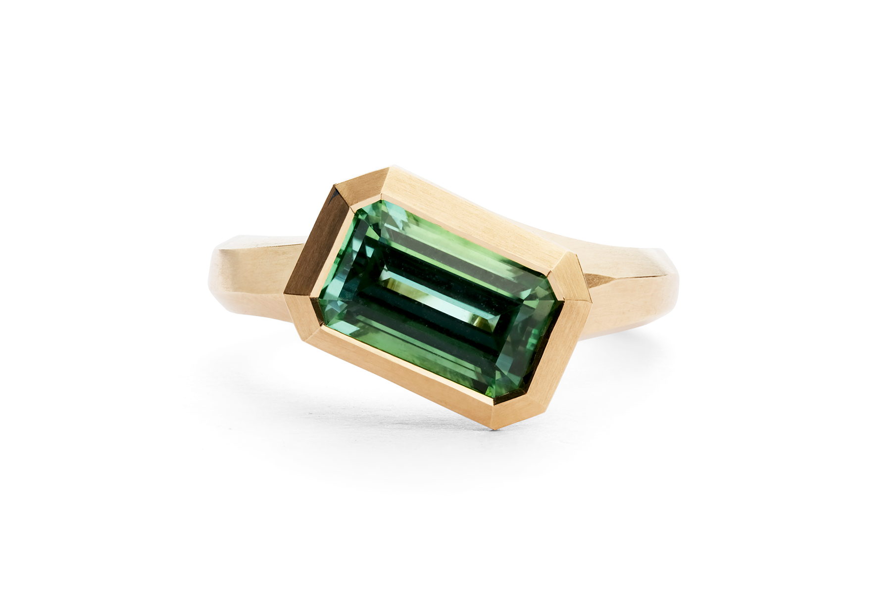 Arris carved 18ct rose gold and emerald-cut green tourmaline ring