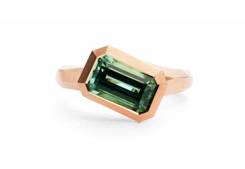 Arris hand carved rose gold and mint green tourmaline ring