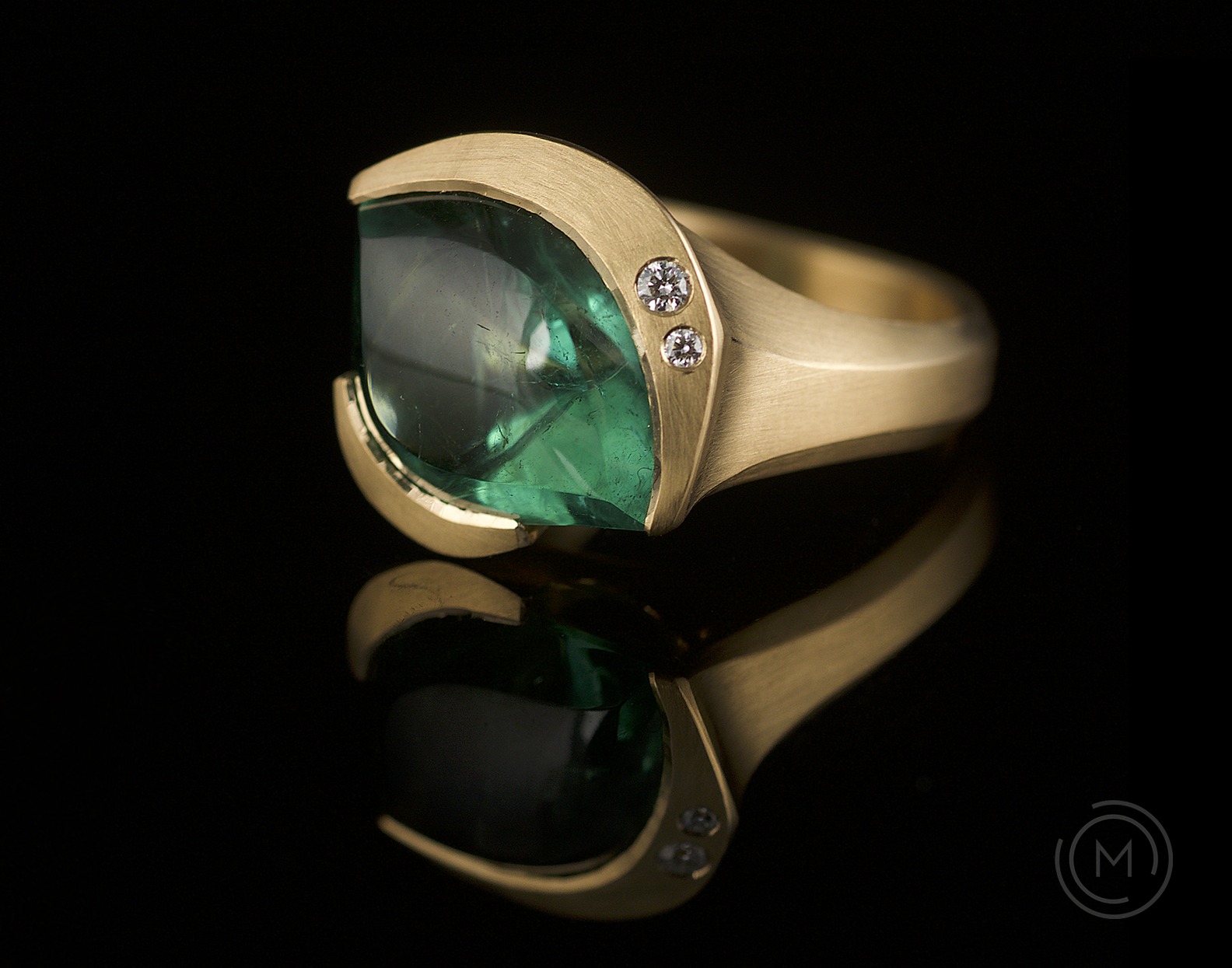 Carved rose gold green tourmaline and white diamond Arris cocktail ring