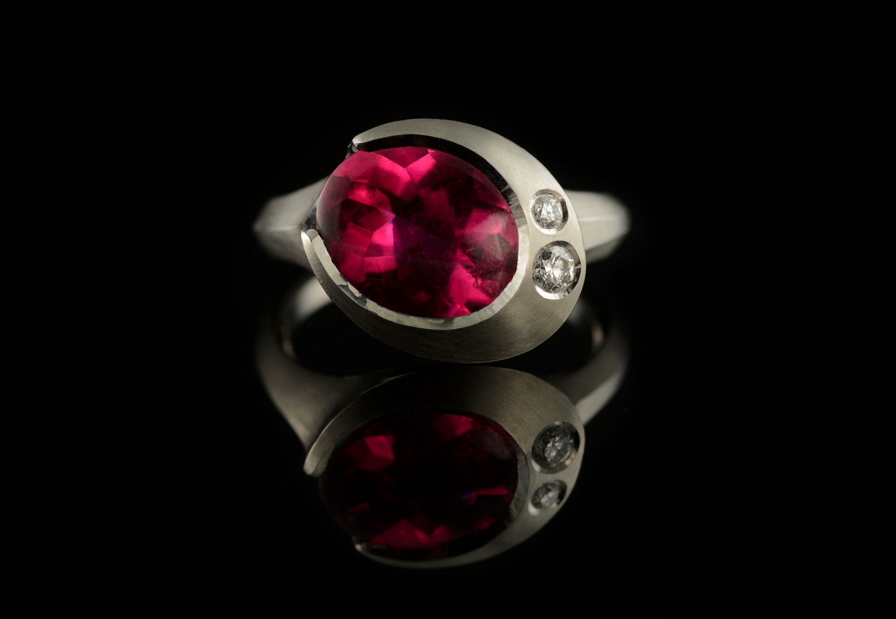 Arris platinum cocktail ring with rubellite tourmaline and white diamonds