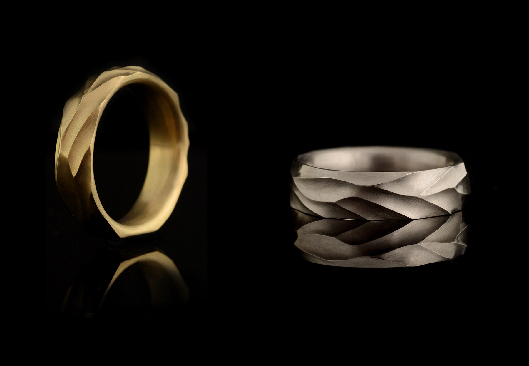 Arris Dune textured wedding rings in yellow and white gold