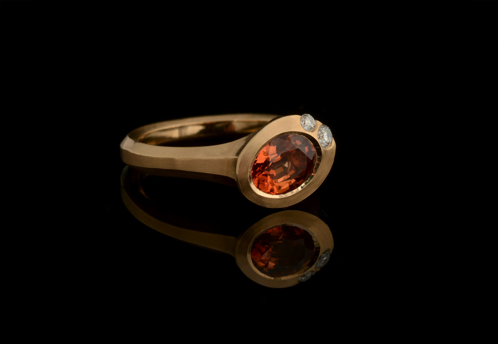 Oval orange sapphire white diamond and rose gold Arris ring