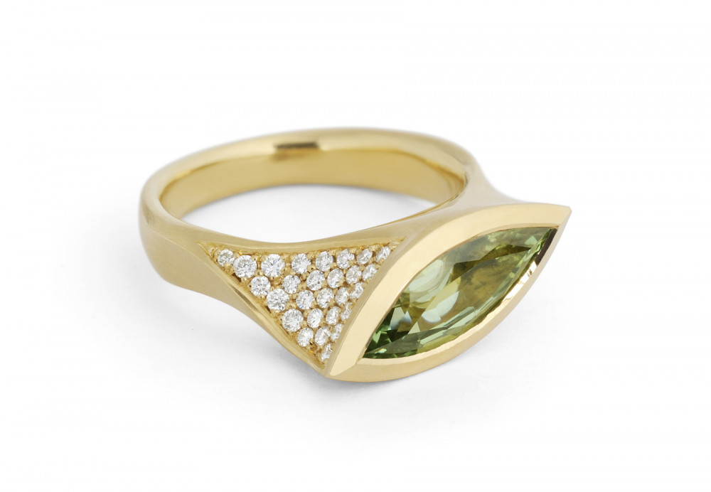 Asymmetric carved gold and marquise green diamond cocktail ring