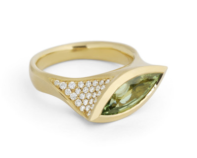 Marquise green garnet and diamond ring in 18 carat gold