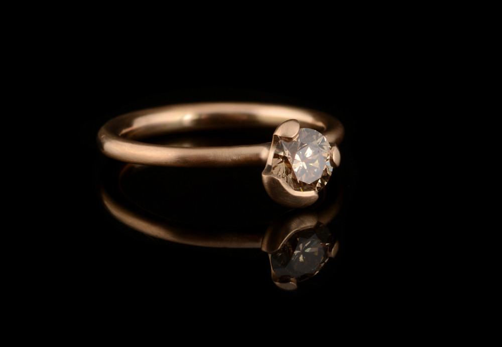 18ct rose gold and cognac diamond asymmetric claw engagement ring