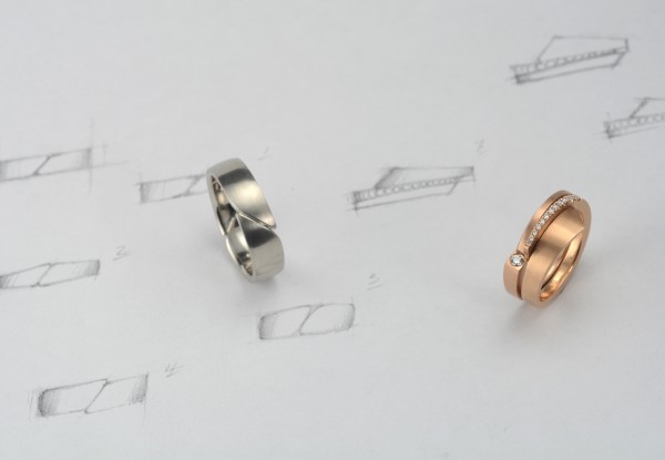 Platinum men's wedding ring and rose gold wedding and engagement ring set