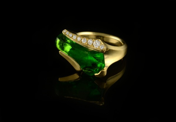 Carve ring set with green seaglass and pave white diamonds