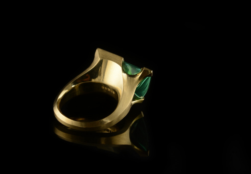 Hand carved 18ct gold cocktail ring with fancy-cut green tourmaline