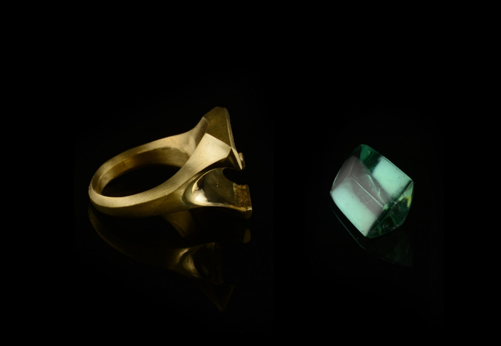 Hand-carved 18ct gold cocktail ring with fancy-cut green tourmaline in progress