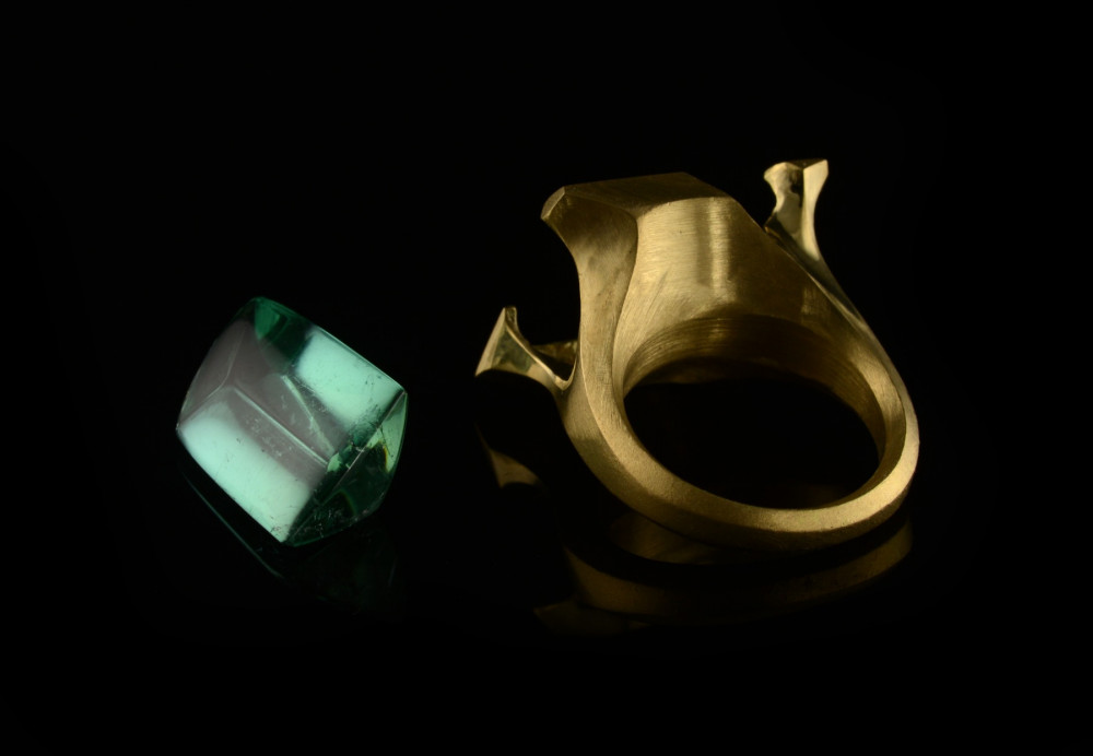 Carved gold cocktail ring with fancy-cut green tourmaline in progress