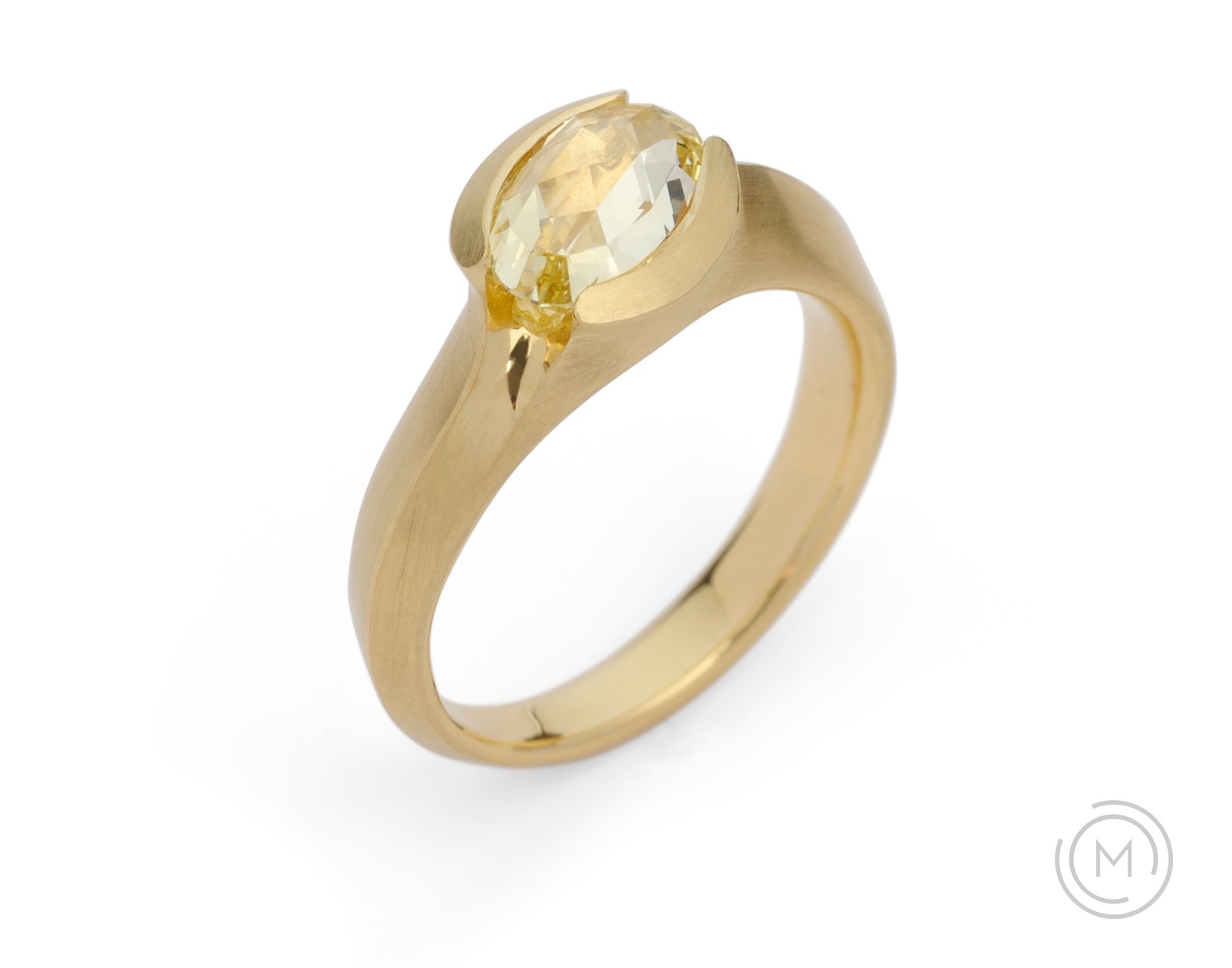 Hand carved yellow gold and rose cut diamond solitaire engagement ring