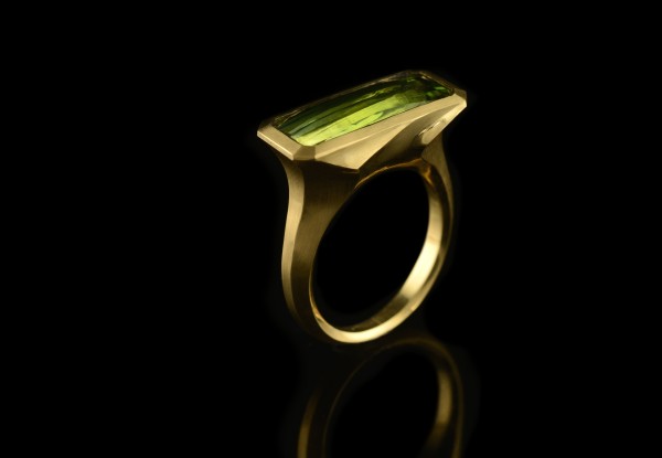 Carved yellow gold and green baguette tourmaline cocktail ring