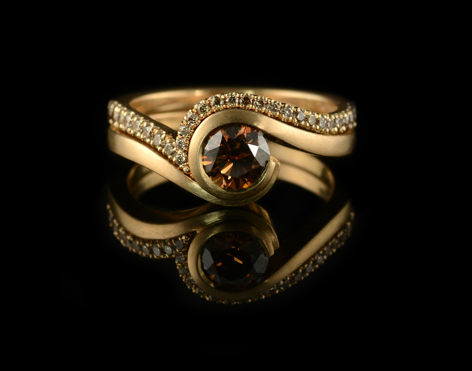 Cognac diamond rose gold engagement ring with fitted wedding band