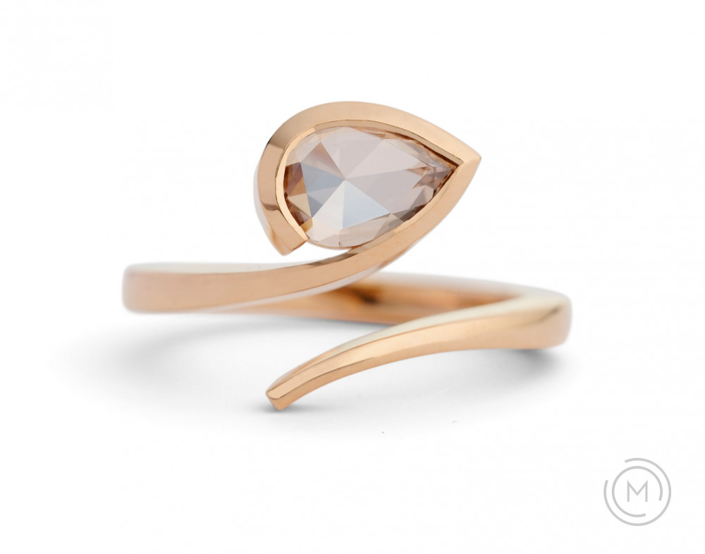 Rose cut cognac pear diamond solitaire engagement ring commission