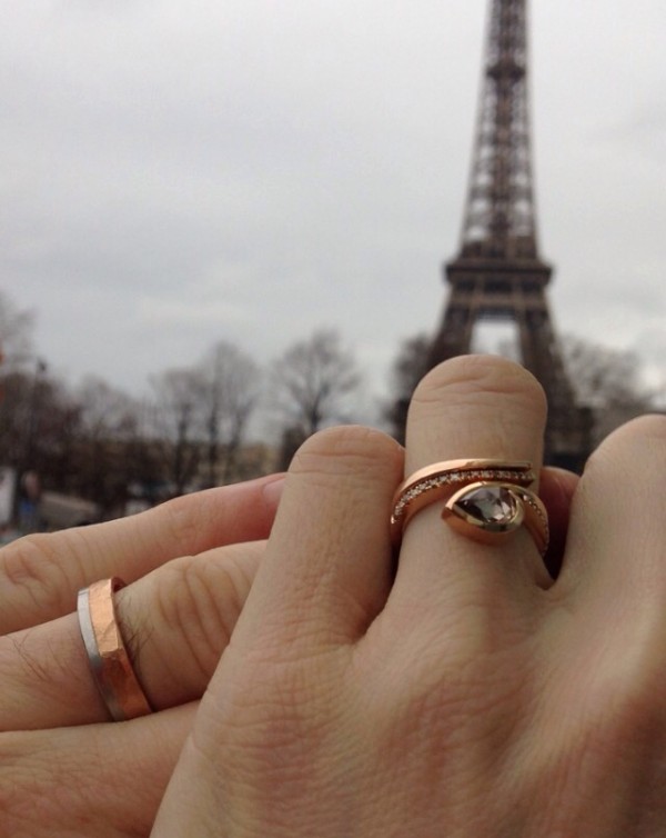 Matching engagement and wedding rings in rose gold and cognac diamonds