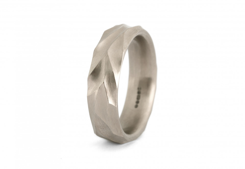Dune - Hand carved mens 18ct white gold wedding band