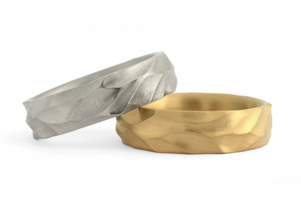Dune hand-carved textured wedding rings 18ct white and yellow gold