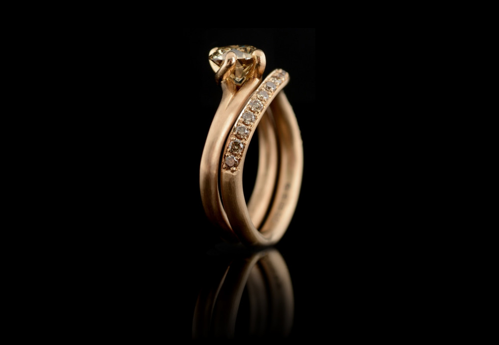 Embrace rose gold cognac diamond engagement ring and fitted wedding band