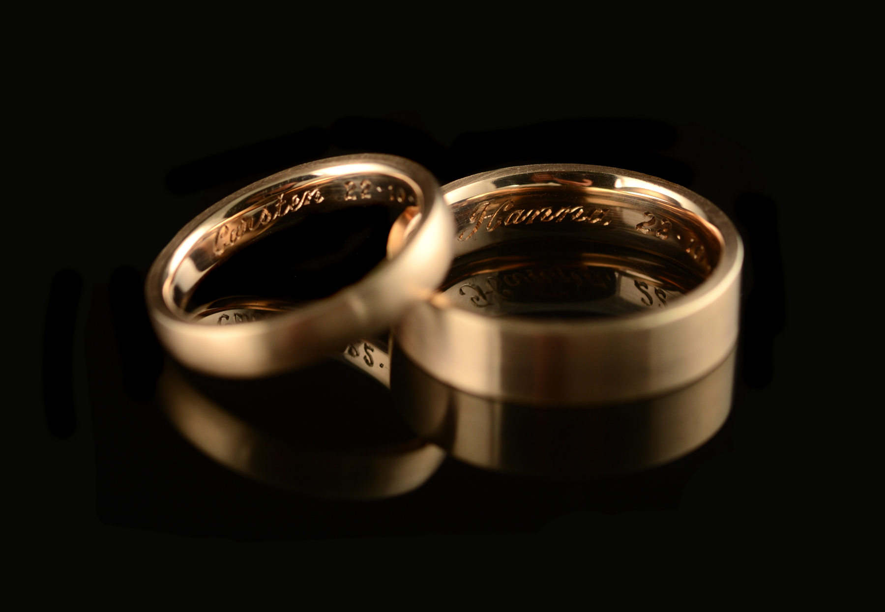 Ladies and mens engraved recycled rose gold wedding bands