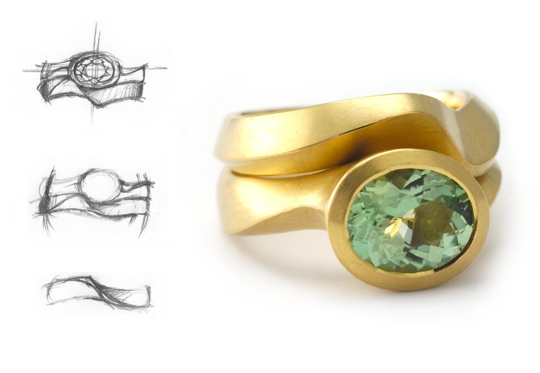 Carved gold and tourmaline engagement ring with fitted band and sketches