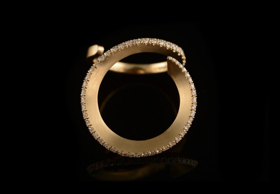Forged rose gold cocktail ring with pave white diamonds