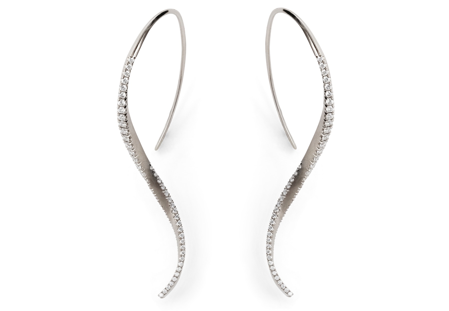 Hand forged white gold and diamond twisted drop earrings
