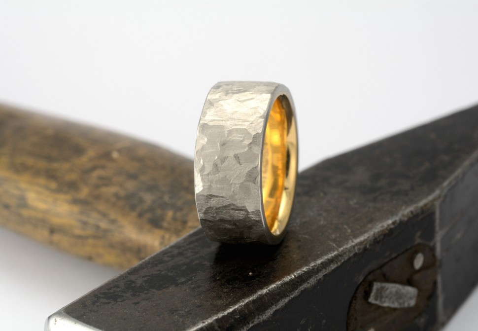 Hammer textured yellow and white gold men's wedding ring