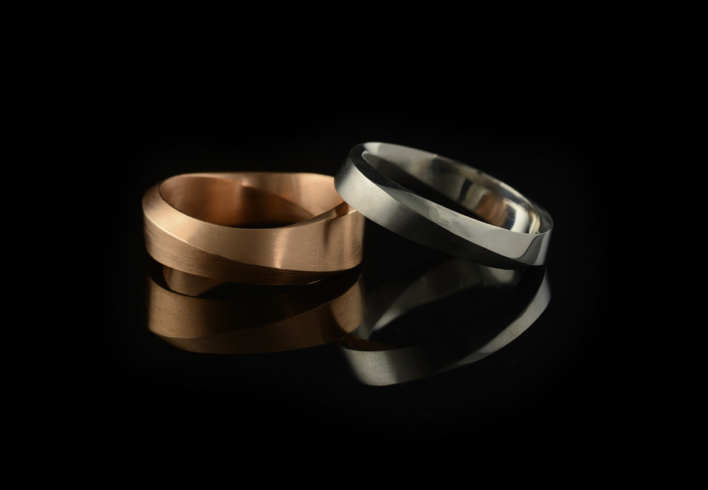 18ct rose gold Mobius wedding ring with platinum Mobius wedding ring