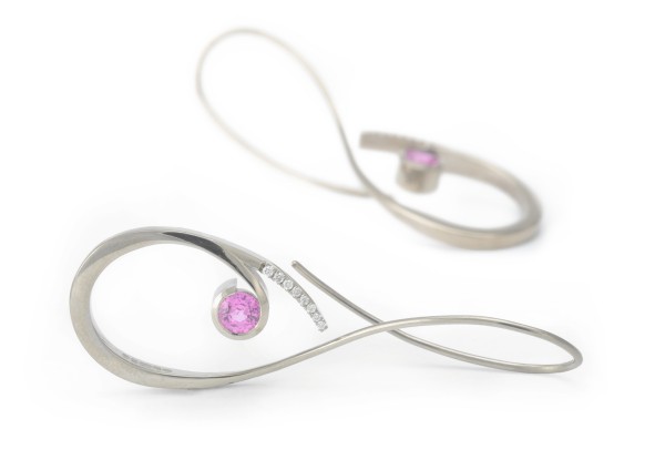Pink sapphire, diamond, and white gold earrings