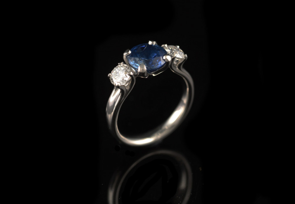 Platinum three stone sapphire and diamond engagement ring commission
