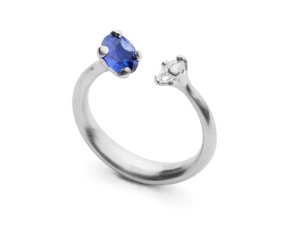 Platinum two-stone diamond and sapphire engagement ring