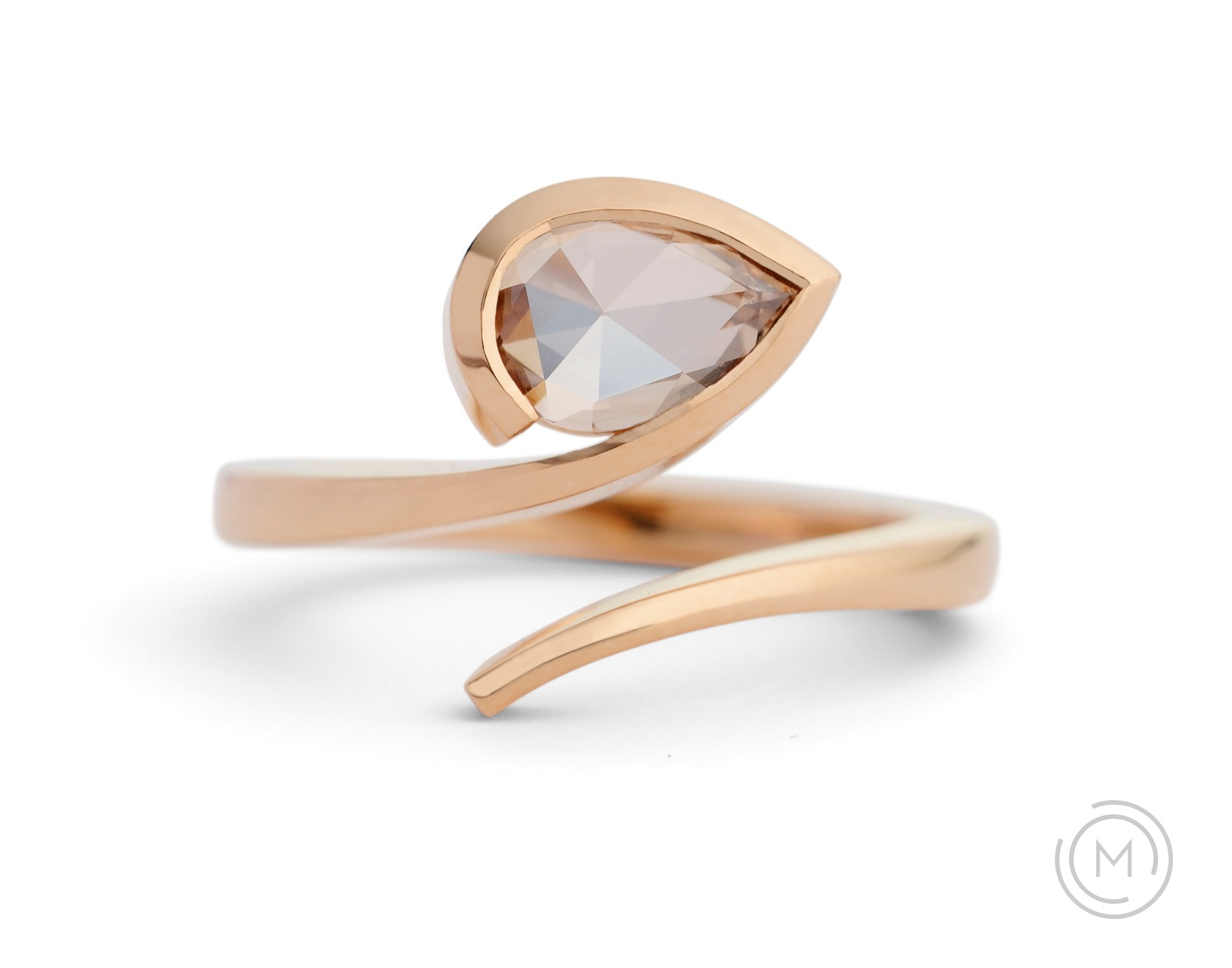 Rose cut pear cognac diamond engagement ring made from brushed rose gold - McCaul Goldsmiths London