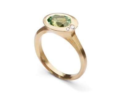 Rose gold Arris ring with oval tsavorite garnet and white diamonds