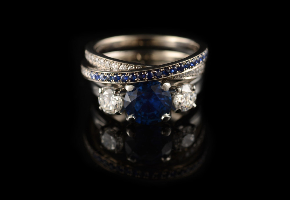 Sapphire and diamond engagement ring with colourfade 'Wrapover' ring