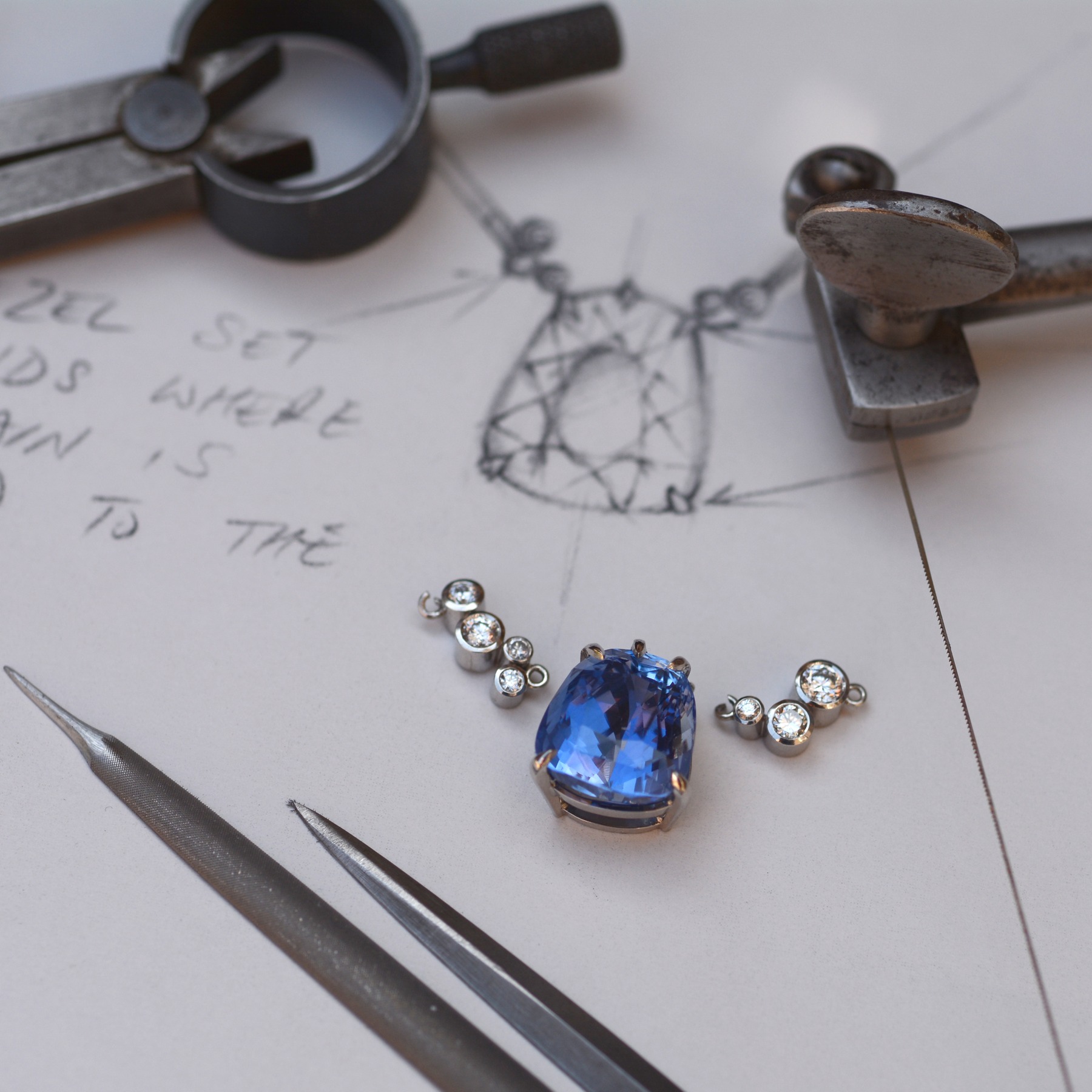 Sapphire and diamond pendant in progress