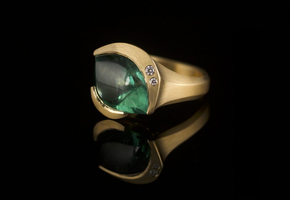 Hand carved 18ct rose gold cocktail ring with green fancy-cut tourmaline and diamonds