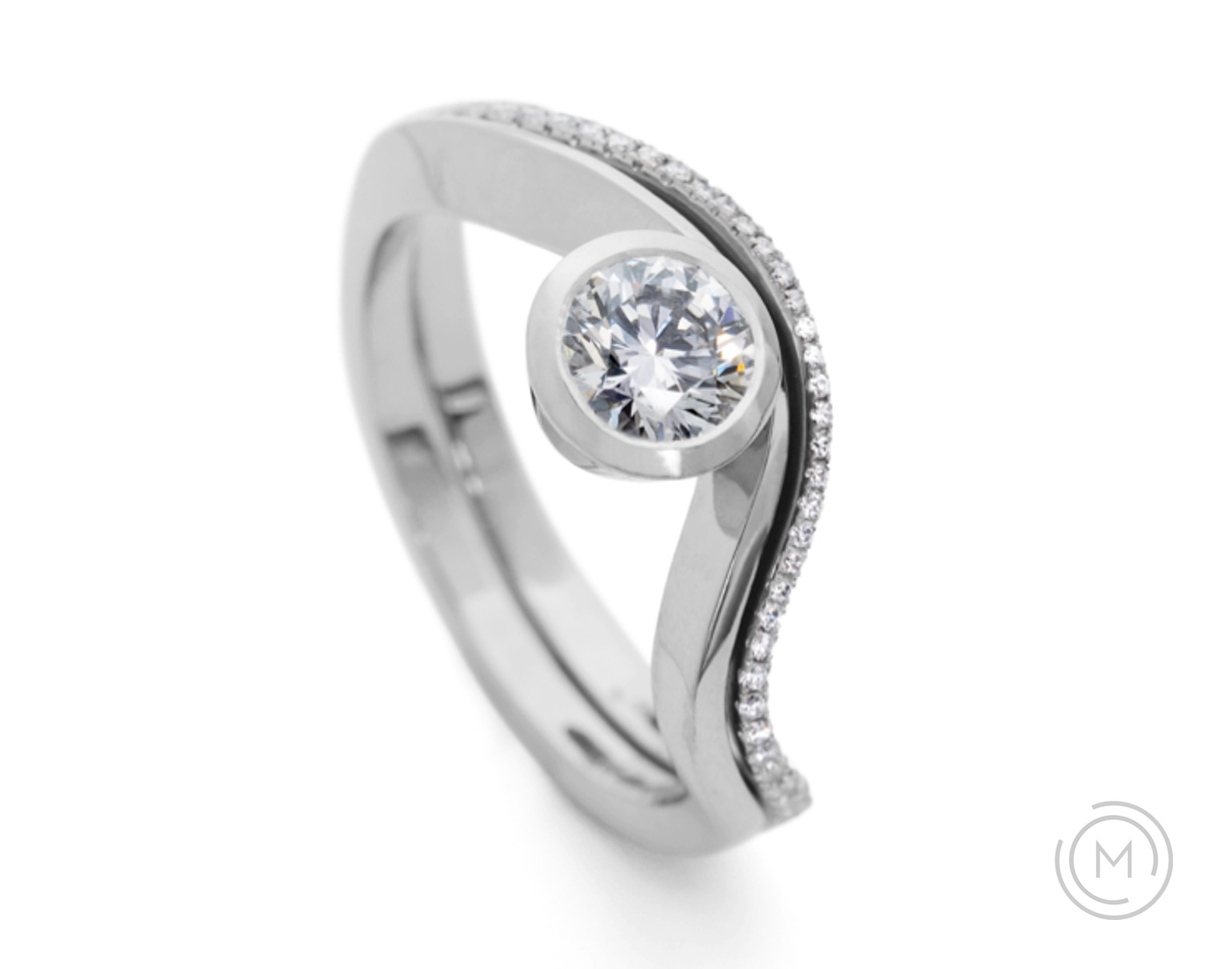 curved platinum fitted wedding band with pave white diamonds